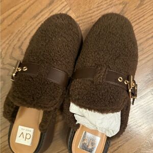Brown Sherpa Loafers with Gold Buckle